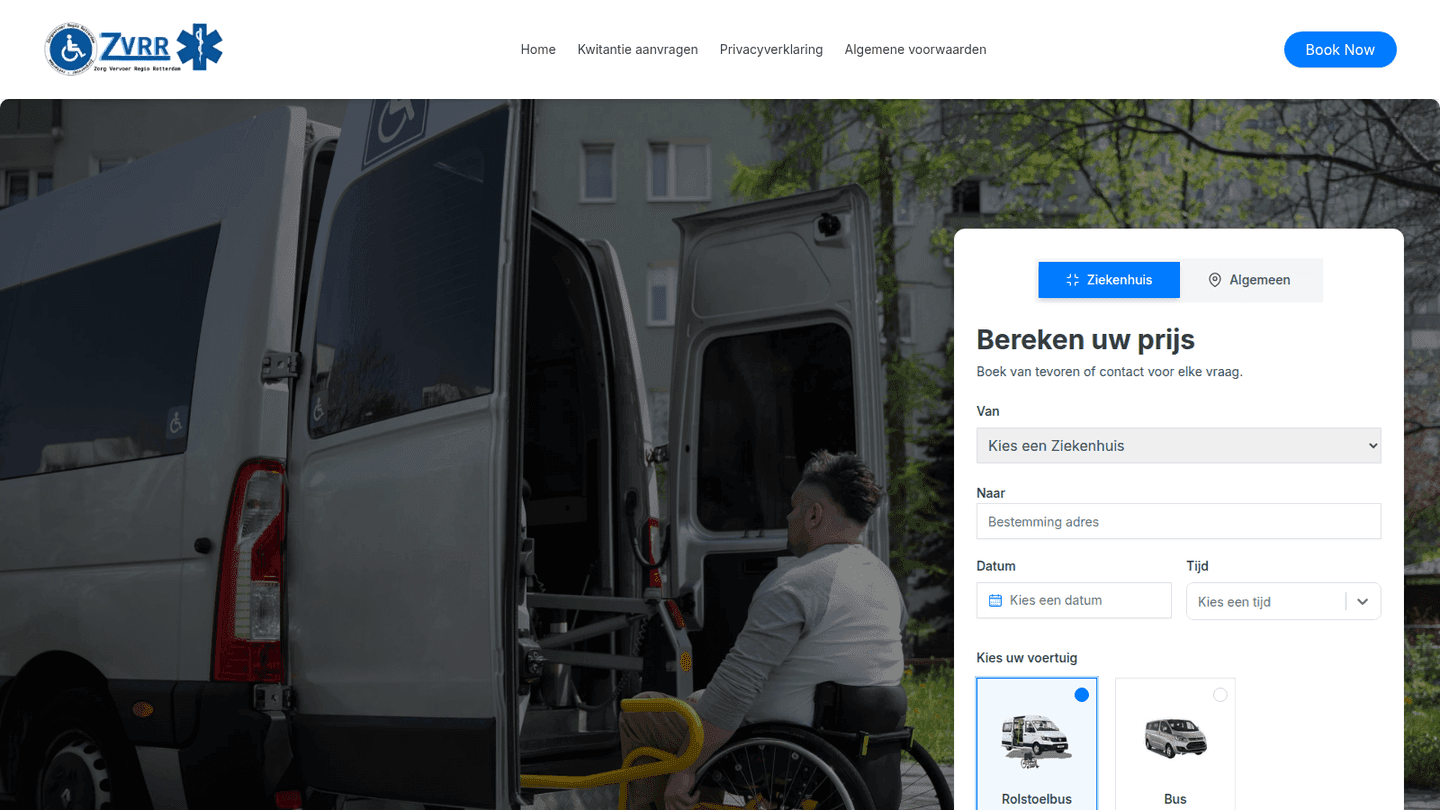 Zorgvervoer Regio Rotterdam homepage hero with a hospital and general transport booking form over a photo of a wheelchair-accessible van
