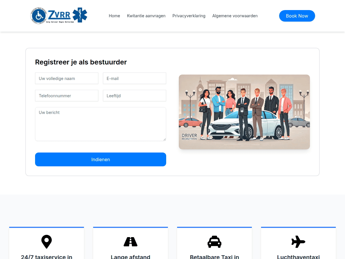 Driver registration form with name, email, phone, age and message fields beside a driver recruitment illustration