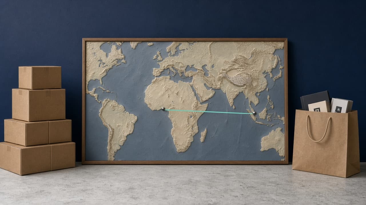 Shipping cartons and a bag of store purchases in front of a navy wall map, with a route pinned between Nigeria and Malaysia