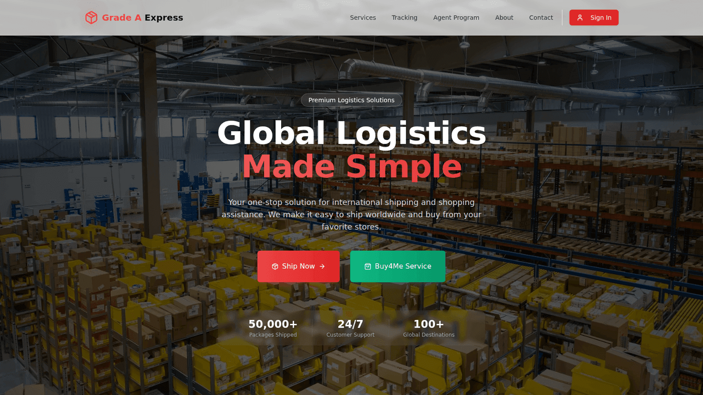 Grade A Express homepage hero with shipping and Buy4Me calls to action over a warehouse of shelved parcels