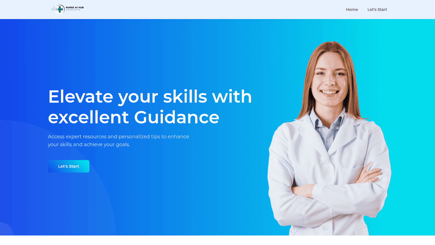 Nurse AI Hub homepage hero with a blue-to-cyan gradient, headline, Let's Start button and a healthcare professional in a white coat